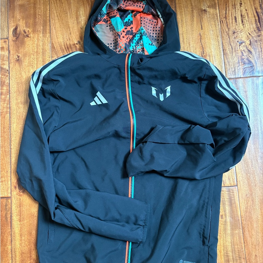 Adidas Black Windbreaker with Teal and Orange Accents
